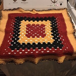 Handmade Crochet Blanket Or Table Topper In Red, Black, and Gold